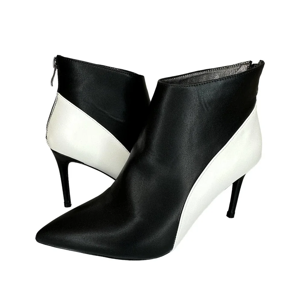 Women Stiletto Ankle Boots Size 7.5 High Heel Pointed Toe Black White NEW - Picture 1 of 15